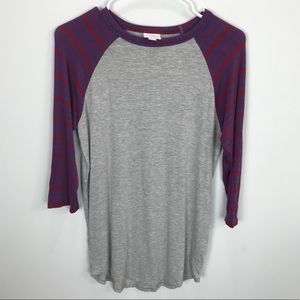 LulaRoe Women’s Gray Striped Blue Red Raglan Sleeve Randy Top Small